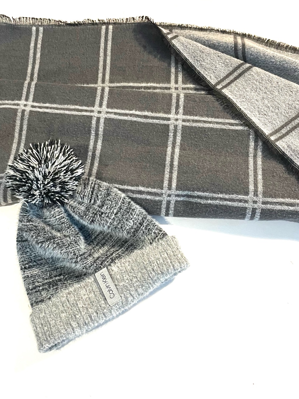 Calvin Klein Two-Tone Grey Pom Beanie And Plaid Scarf Set